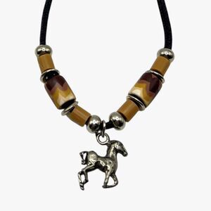VTG Silver Horse Pendant Necklace Southwest Bead Charm Black Cord Pony Unisex